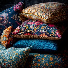 Stack of Colorful Pillows with Intricate Patterns