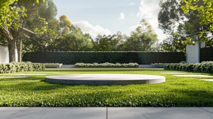 Opulent house lawn, podium with contemporary aesthetic, striking billboard mockup. Elegant colors for high-end events.