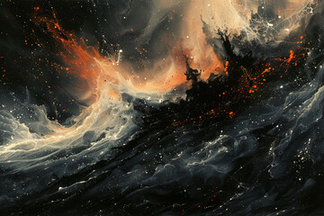 dramatic abstract celestial ink art with fiery orange and dark swirling patterns