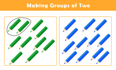 Making Groups of Two Worksheet. Grouping Picture Math Activity for Kids. Fun Math Activity for Children. Counting with Cute Pictures Worksheet.