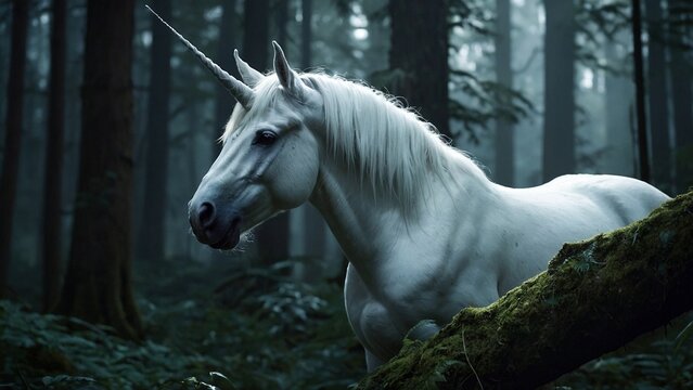 Majestic white unicorn with spiraling horn staniding in the mystical forest surrounded by trees. Mythical monocerus single horned horse creature fantasy illustration concept wallpaper.