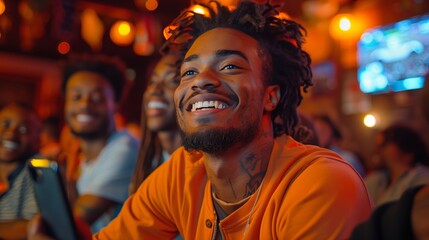 Fototapeta premium A Man With Dreadlocks Smiles in a Bar at Night