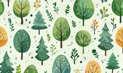 abstract green trees wallpaper with forest foliage and pine trees and plants, light green and beige 