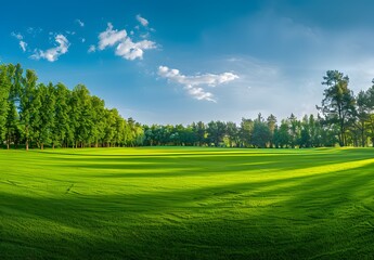 Green Grass Field with Trees and Blue Sky