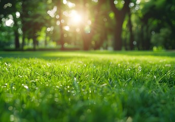 Naklejka premium Green Grass Meadow With Sunlight And Trees