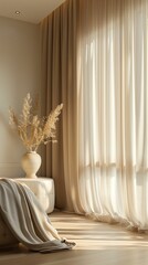Cozy living room interior with beige curtains, a vase of dried flowers, and a soft blanket draped over a white chair under natural light.