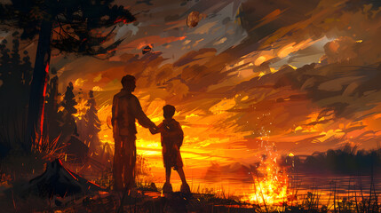 Fototapeta premium shadow of father and son shaking hands, camp fire