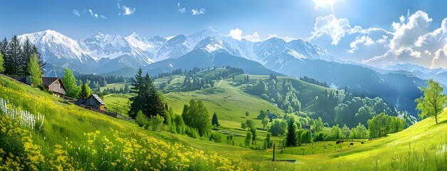 Mountain Meadow Landscape With Houses