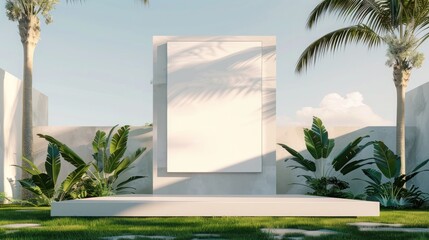 Luxury house lawn, sleek podium, bold billboard mockup. Modern colors for upscale events.