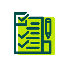Business icons with green color. Checklist icon with a pen and paper. Perfect for websites, presentations, apps, and other digital projects. Vector illustration.