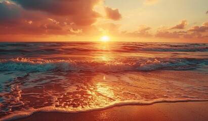Obraz premium Beautiful sunset over the ocean with sand and waves on the beach, landscape photography, scenic