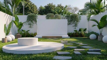 Luxurious lawn with stylish podium, bold billboard mockup, and refined color scheme. Ideal for premium gatherings.
