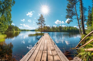 Scenic Wooden Dock on Tranquil Lake in Summer