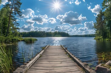 Naklejka premium Scenic Summer Lake with Wooden Dock