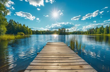 Obraz premium Scenic Summer Lake with Wooden Dock