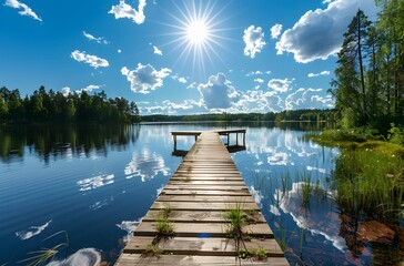 Scenic Summer Lake with Wooden Dock