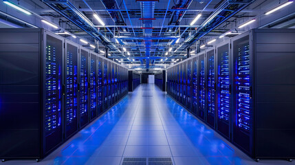 Fototapeta premium Data Center: Secure Facility for Server Management, Network Infrastructure, Cloud Computing Hub, Information Technology Backbone, Efficient Data Storage, High-Speed Connectivity, Digital Security Meas