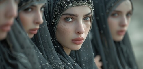 A Woman in a Grey Headscarf Looks Directly at the Camera During a Photo Shoot