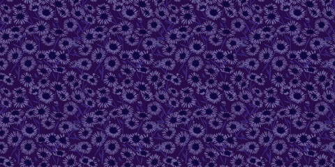 Blooming violet wild meadow seamless pattern on a dark background. Vector hand drawing. Abstract artistic chamomile flowers printing. Ornament repeated for designs, fabric, textiles, fashion