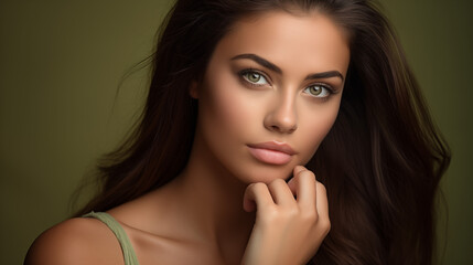 Obraz premium Young Woman with Thoughtful Expression in Green Top