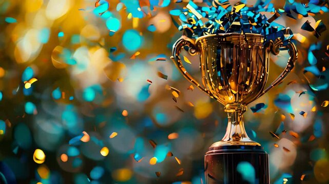 Golden trophy for Winner in Sports Competition with Falling Golden Confetti