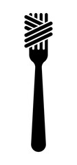 Illustration showing a black icon of a fork with spaghetti on a white background