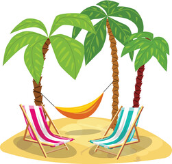 Two lounge chairs and a hammock are nestled on a sandy beach, surrounded by lush palm trees