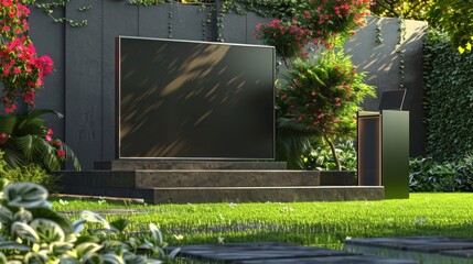 Luxurious lawn with sleek podium, dynamic billboard mockup, and refined colors. Ideal for elite gatherings.