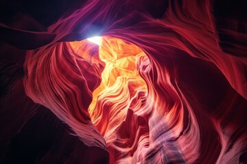 Light filters through the narrow sandstone walls of Antelope Canyon, Mysterious nebula swirls in vibrant antelope canyon generated, The sun's rays penetrate the depths of Antelope Canyon, AI generated