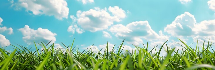 Fototapeta premium Panoramic Banner with Green Grass and Blue Sky
