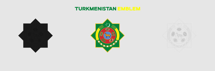 Turkmenistan Emblem Vector Pack. Emblem with Flag. Gray Emblem Silhouette. Gray Outline Emblem. Editable EPS file.
