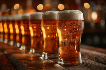 Row of mugs with cold fresh golden beer on wooden table on blurred background. Craft beer on glasses Oktoberfest, international beer day and St. Patrick's day celebration in a pub or bar. Copy space
