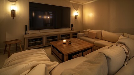 A cozy TV lounge featuring a large screen TV