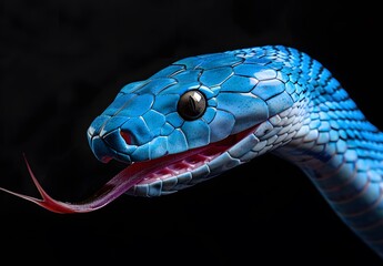 Close Up Photo Realistic Blue Snake with Tongue Out
