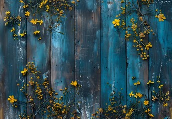 Rustic Blue Wood Background with Yellow Flowers