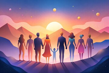 group of people on sunset background