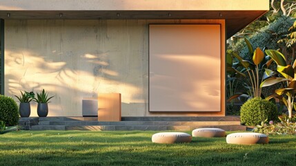 Luxurious house lawn with stylish podium, bold billboard mockup, and sophisticated colors. Perfect for elite gatherings.