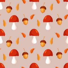 Seamless pattern, mushrooms, rowan and leaves on a beige background. Autumn print, textile, background, vector