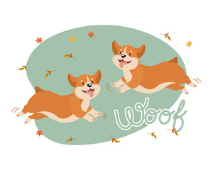 Cute funny dogs and autumn leaves. Cartoon illustration for children, autumn print, vector