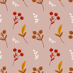 Seamless pattern, rowan branches and twigs with leaves on a beige background. Autumn print, textile, background, vector