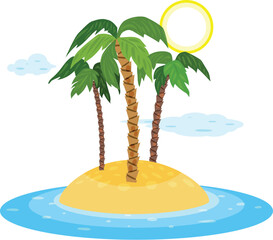 Cartoon tropical island with palm trees growing on sand surrounded by blue ocean water © anatolir
