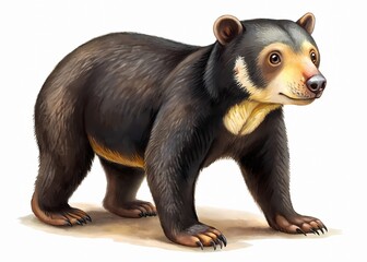 Adorable Malayan sun bear, smallest bear species, roams freely in lush tropical rainforest, its short sleek fur glistening in warm sunlight, eyes shining bright.