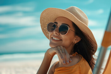 Fototapeta premium A young woman wearing sunglasses and a straw hat by the seaside