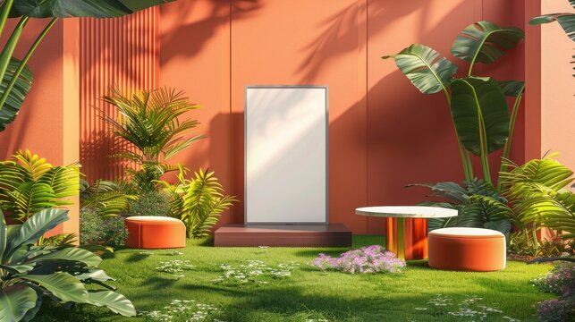 Luxurious house lawn with stylish podium, bold billboard mockup, and unique colors. Perfect for upscale gatherings.