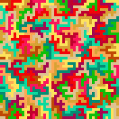 Bright geometric pixel seamless repeating pattern. Vibrant multicolor abstract puzzle or maze vector texture for backgrounds, textiles, wallpapers, and digital art projects