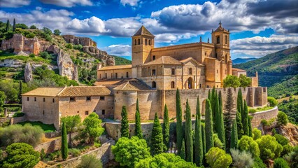 Obraz premium Serenene medieval monastery of San Clara stands majestically amidst lush greenery and stone walls in Caravaca de la Cruz Murcia.