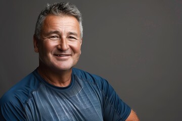 Fototapeta premium Portrait of a satisfied caucasian man in his 50s sporting a breathable mesh jersey in soft gray background