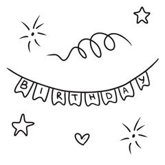 Happy birthday concept equipment and details in black isolated on white background. Hand drawn vector sketch illustration in doodle engraved vintage line art style. Holiday decoration