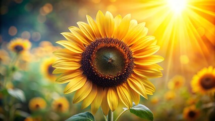 Fototapeta premium Vibrant yellow sunflower with bright petals and dark center isolated on a blurred natural background perfect for summer designs.