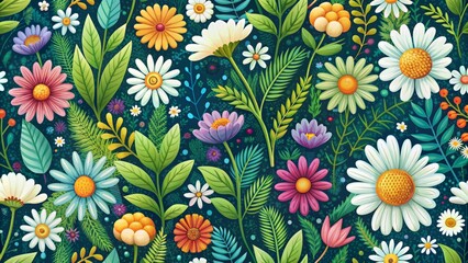 Vibrant colorful summer seamless floral pattern featuring whimsical hand-drawn cartoon plants with large chamomile flowers and tiny wildflowers surrounded by lush green leaves.